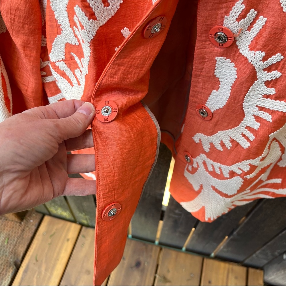 Per Se Linen Silk Embroidery Large Snap Jacket In Orange & Cream Sz 10 - Picture 5 of 16